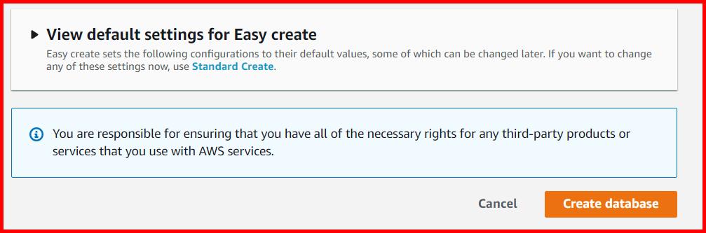 Picture showing the Create database button for creating the new database